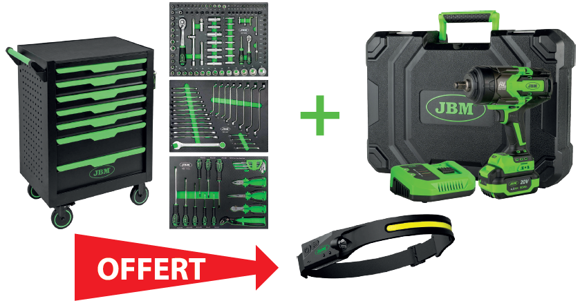 SERVANTE A OUTILS 7 TIROIRS - VERT - 3 MODULES D'OUTILS + CLÉ A CHOC SANS FIL BRUSHLESS 1/2" 1300 NM AVEC MALLETTE + OFFERT (LAMPE FRONTALE LED AJUSTABLE - 350 LM)
